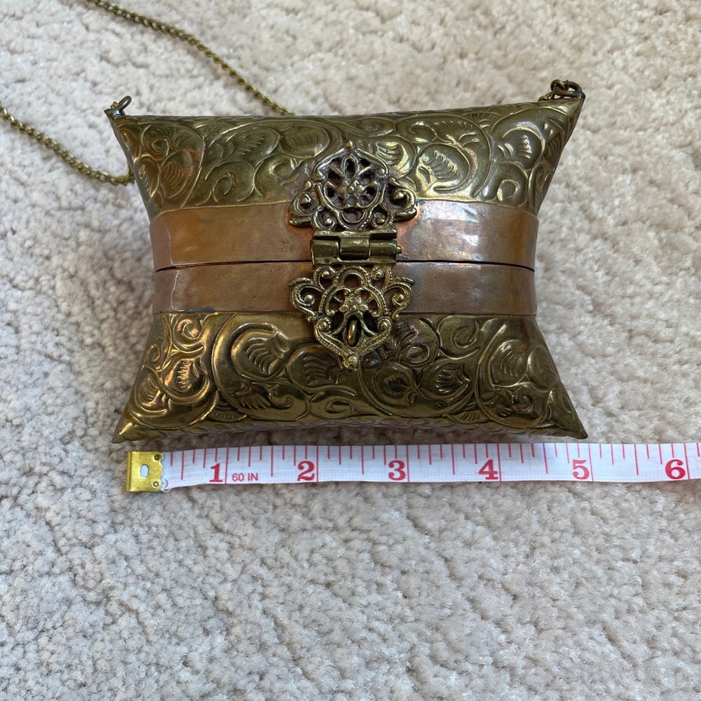 Vintage Ornate mini Brass/Copper Pillow style evening bag handcrafted in India. - Picture 6 of 10